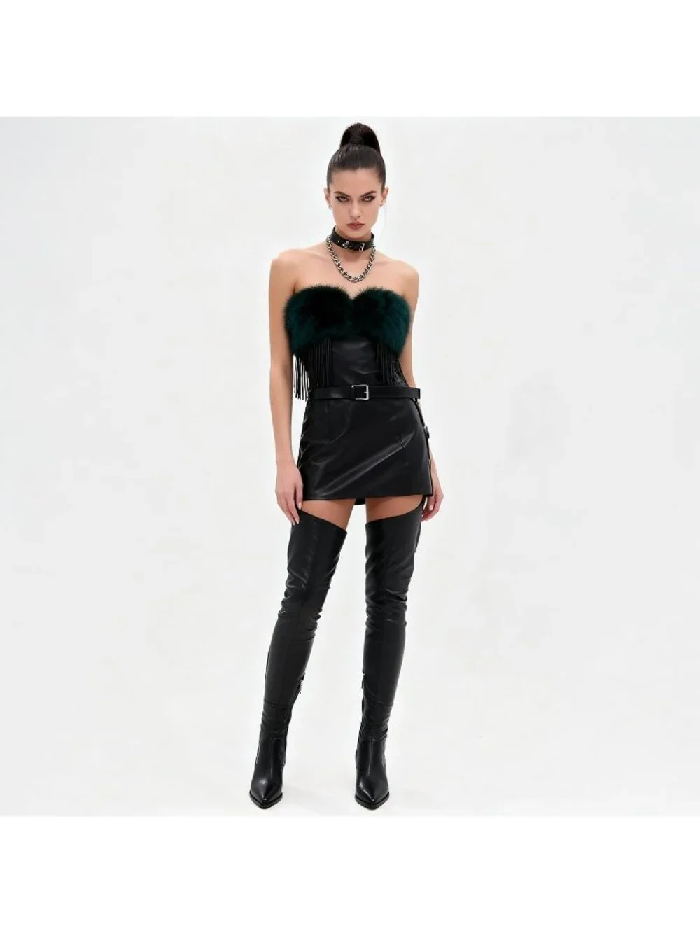Women Black Pu Pointed Toe Belted Faux Suede Side Zipper Over The Knee High Boot